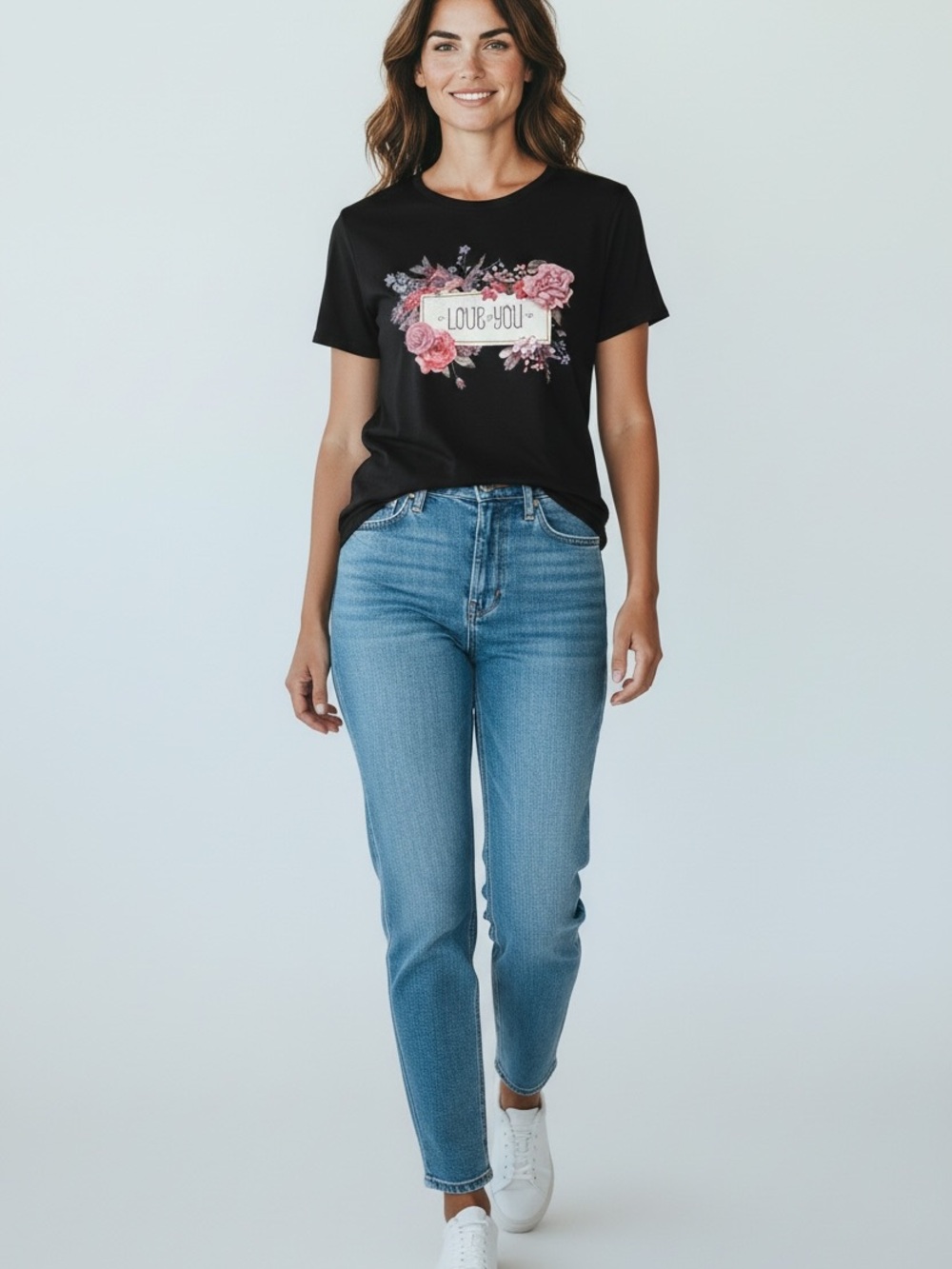 SHEIN Black Floral 'Love You' Graphic Short Sleeve Tee